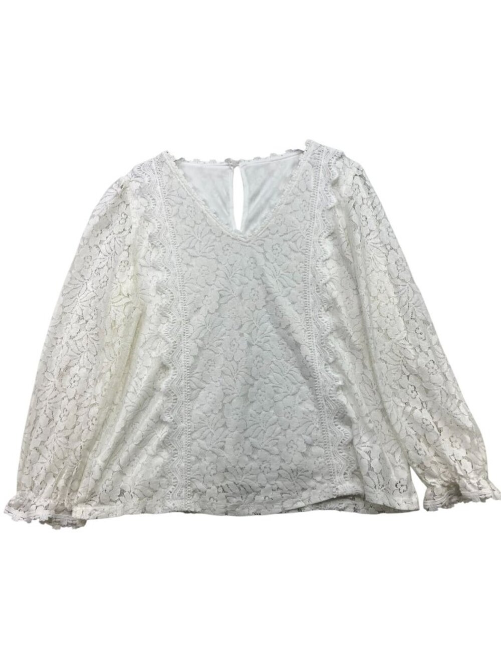 Women's Lace Floral V-Neck Boho Blouse Long Sleeve Size XL White